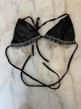 Leather Black Rhinestone Fringe Bikini Top
